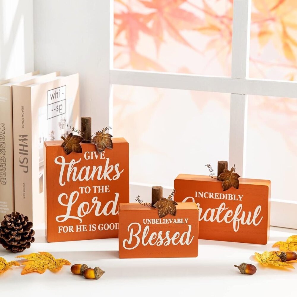 3 Pack Fall Wooden Table Signs Farmhouse Thanksgiving Wood Blocks for Table Deco